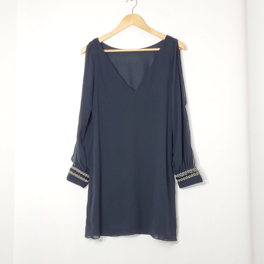 A.Byer Black Sheer Long Sleeve V-Neck Cocktail Lined Lightweight Dresses Small